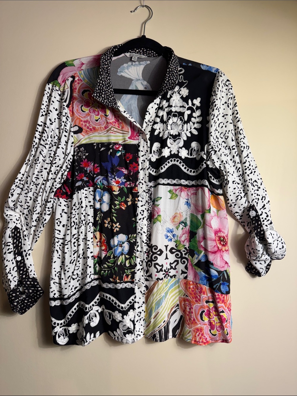 John Mark Black Multi Patchwork Floral Button-Down Shirt. New
